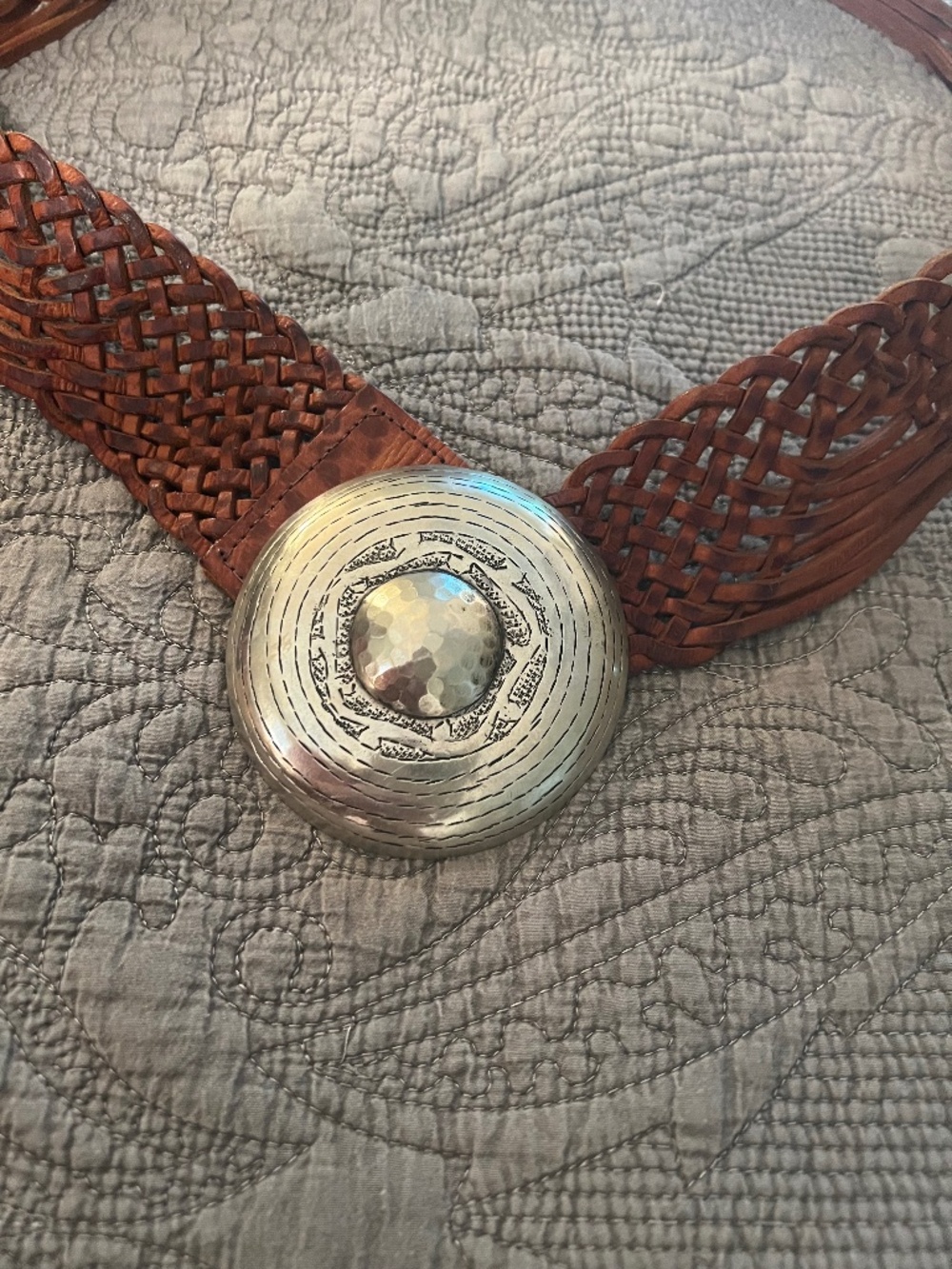 Vintage Chicos Woven Brown Leather Boho Wide Silver Medallion Hook M/L Belt